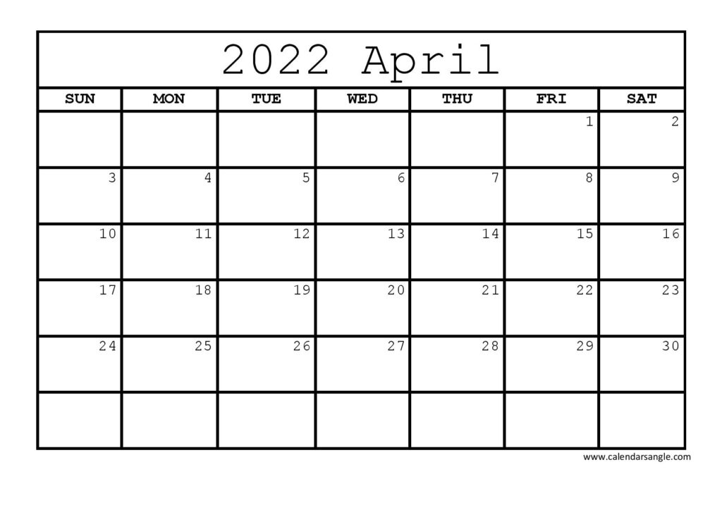 April 2022 printable calendar