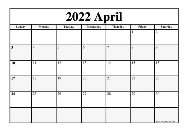 blank April 2022 calendar