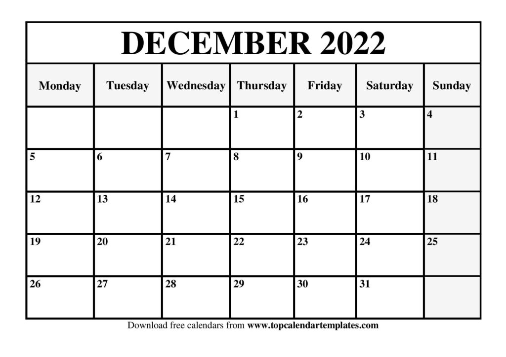 Blank December 2022 Calendar Printable