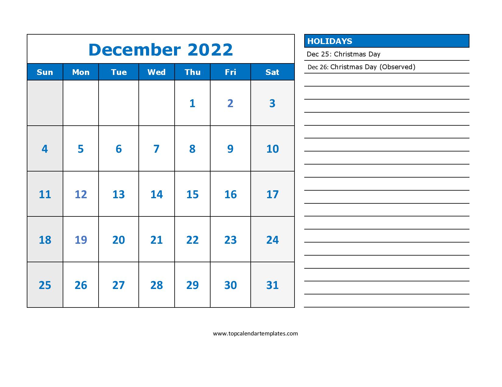 December 2022 Printable Calendar Template [PDF, Word, Excel ...