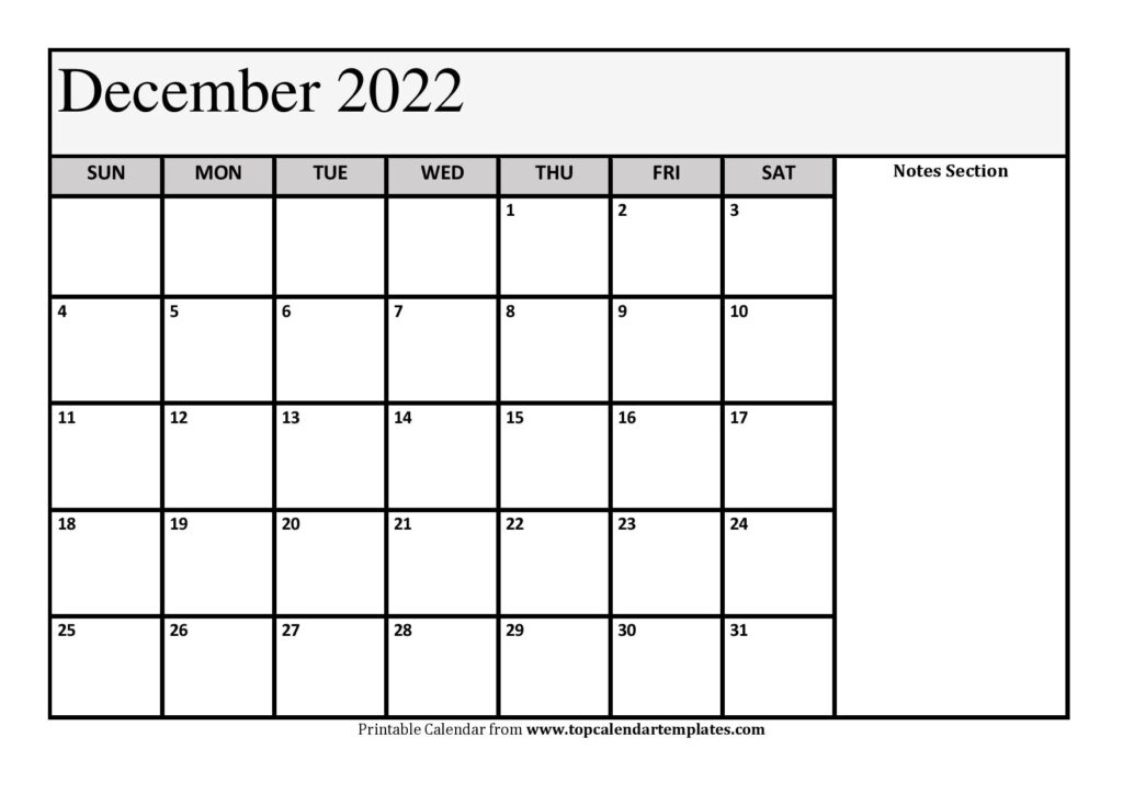 December 2022 Calendar with Notes