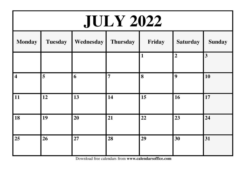July 2022 calendar template