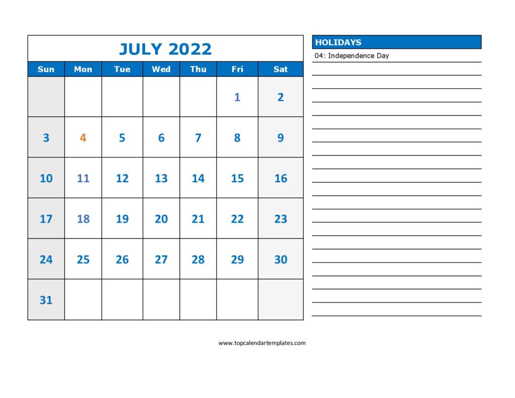 July 2022 holiday calendar