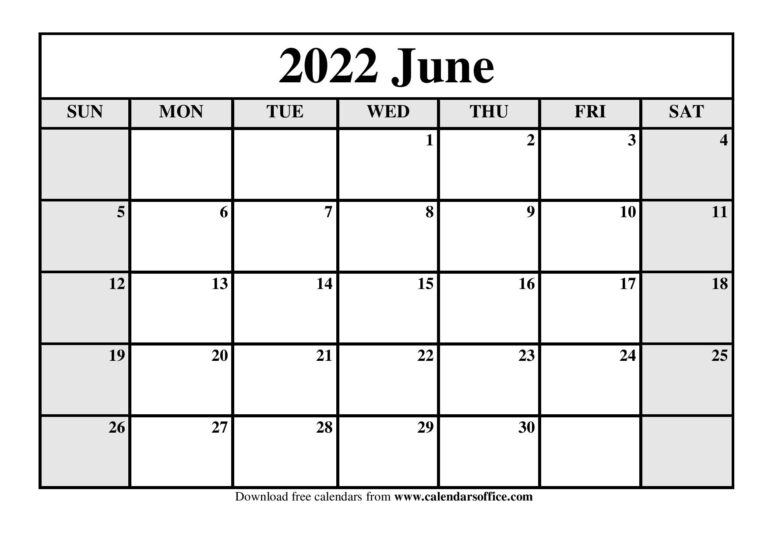 June 2022 Printable Calendar