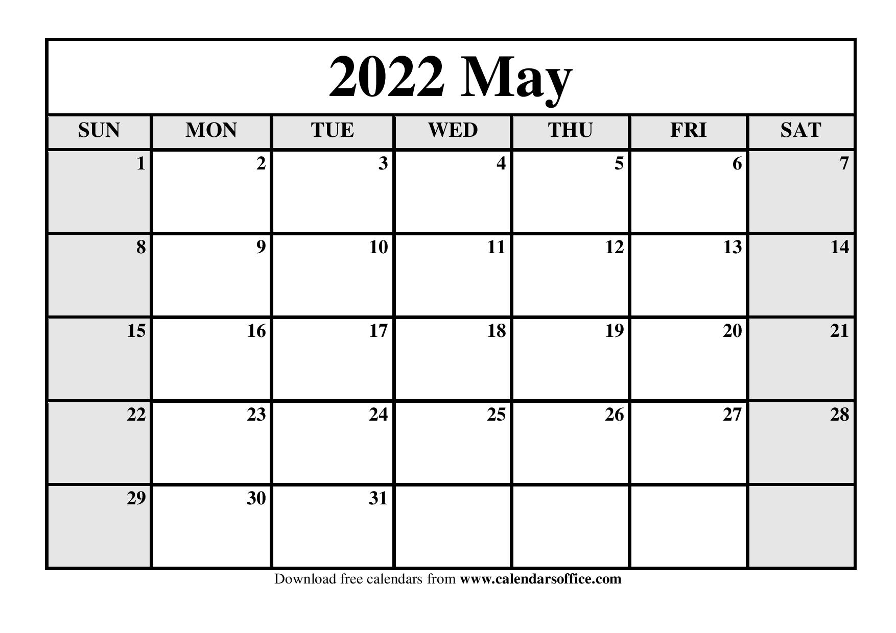 May 2022 Printable Calendar Template – PDF, Word – Printable Calendar Hub