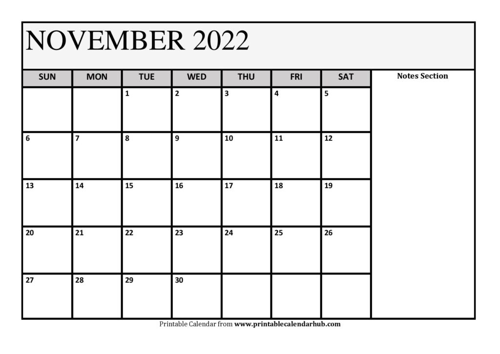 November 2022 Notes Calendar