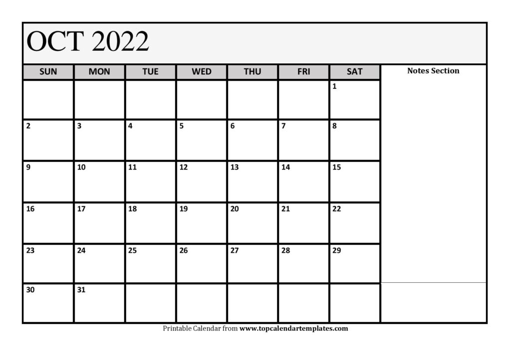 October 2022 Notes Calendar