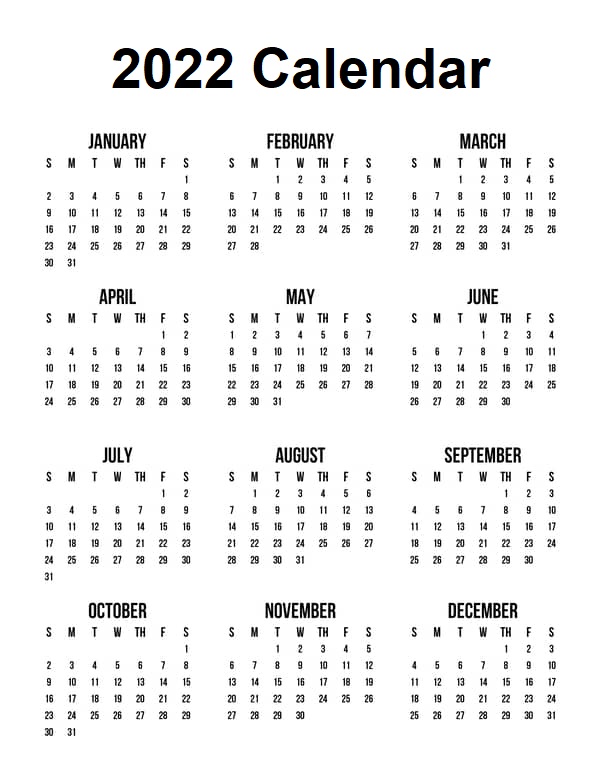 one page calendar 2022