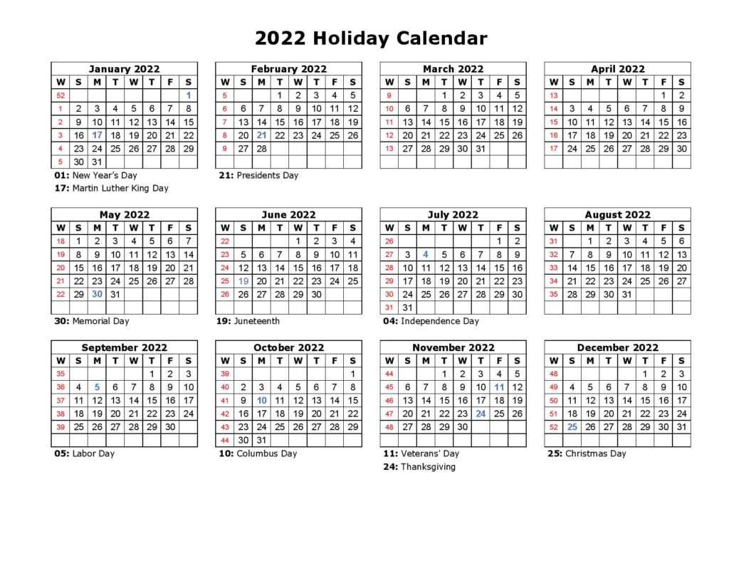 2022 Calendar Holidays