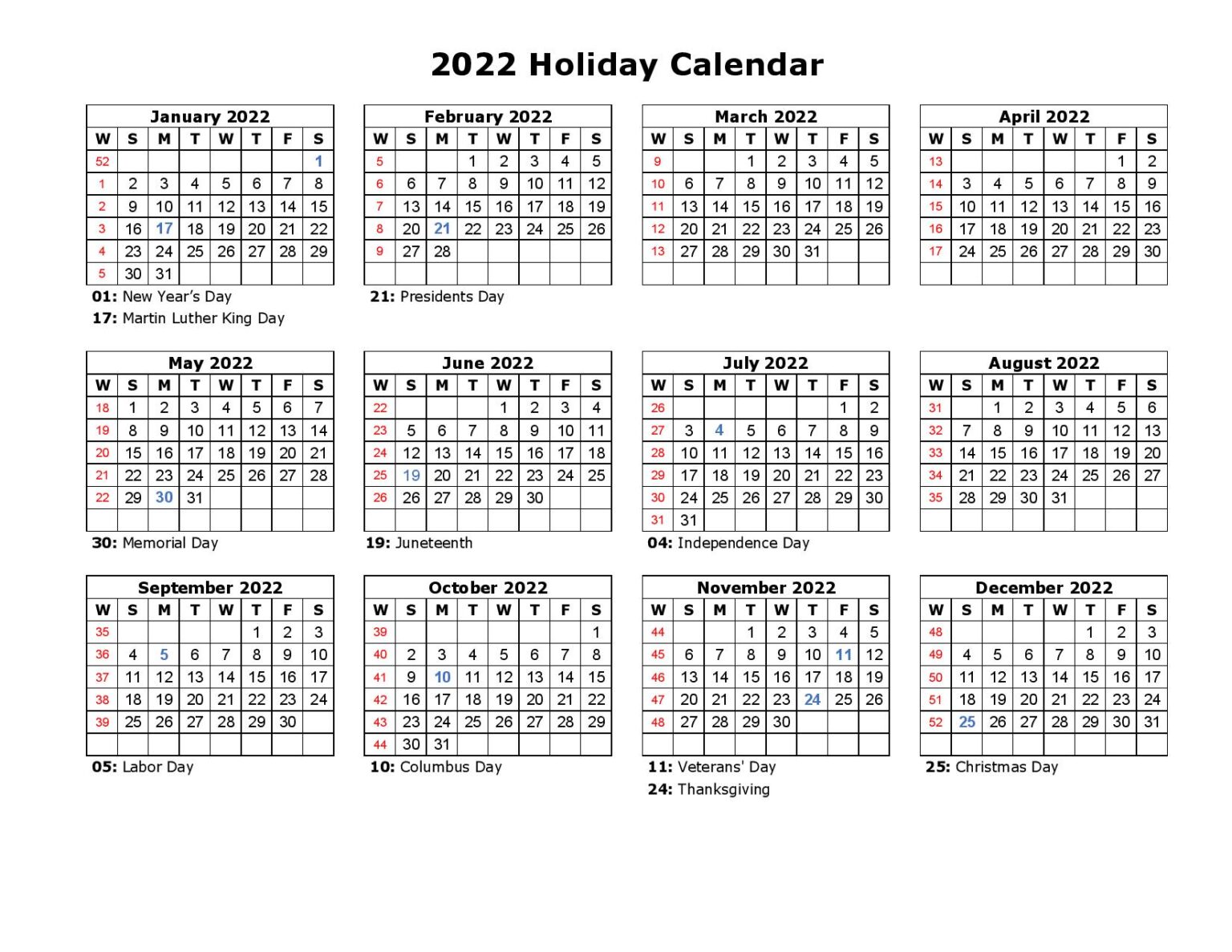 Printable 2022 United States Calendar with Holidays – Printable ...