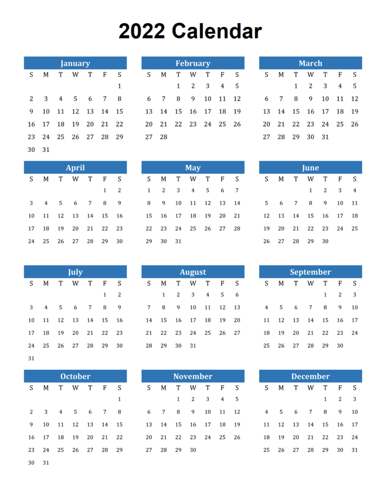 2022 Printable One Page Calendar