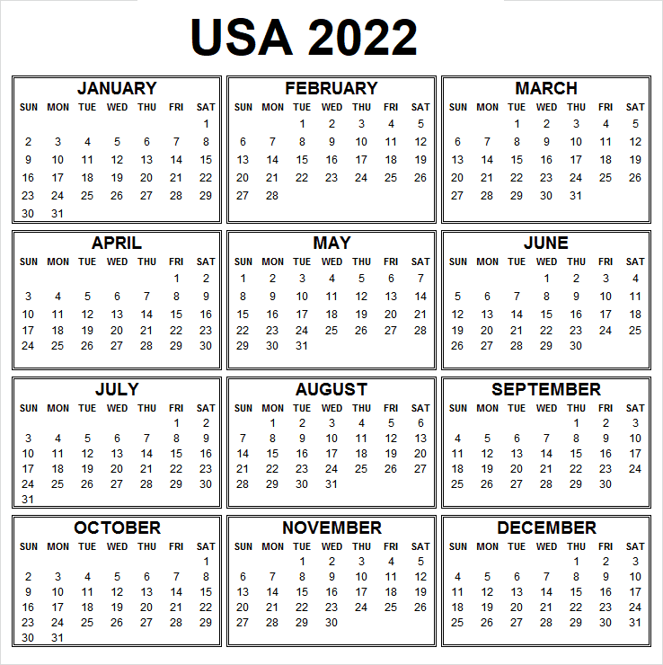 USA 2022 Calendar Printable