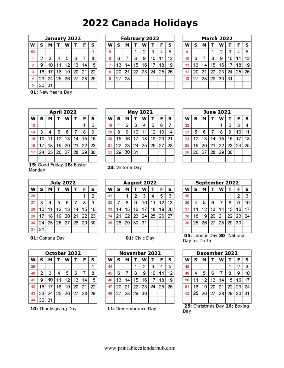 Printable 2022 Canada Calendar with Holidays - Printable Calendar Hub