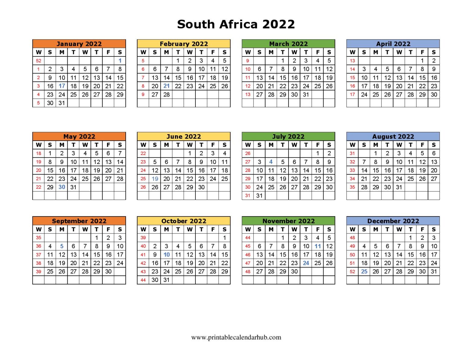 Printable 2022 South Africa Calendar With Holidays Printable Calendar Hub 3302