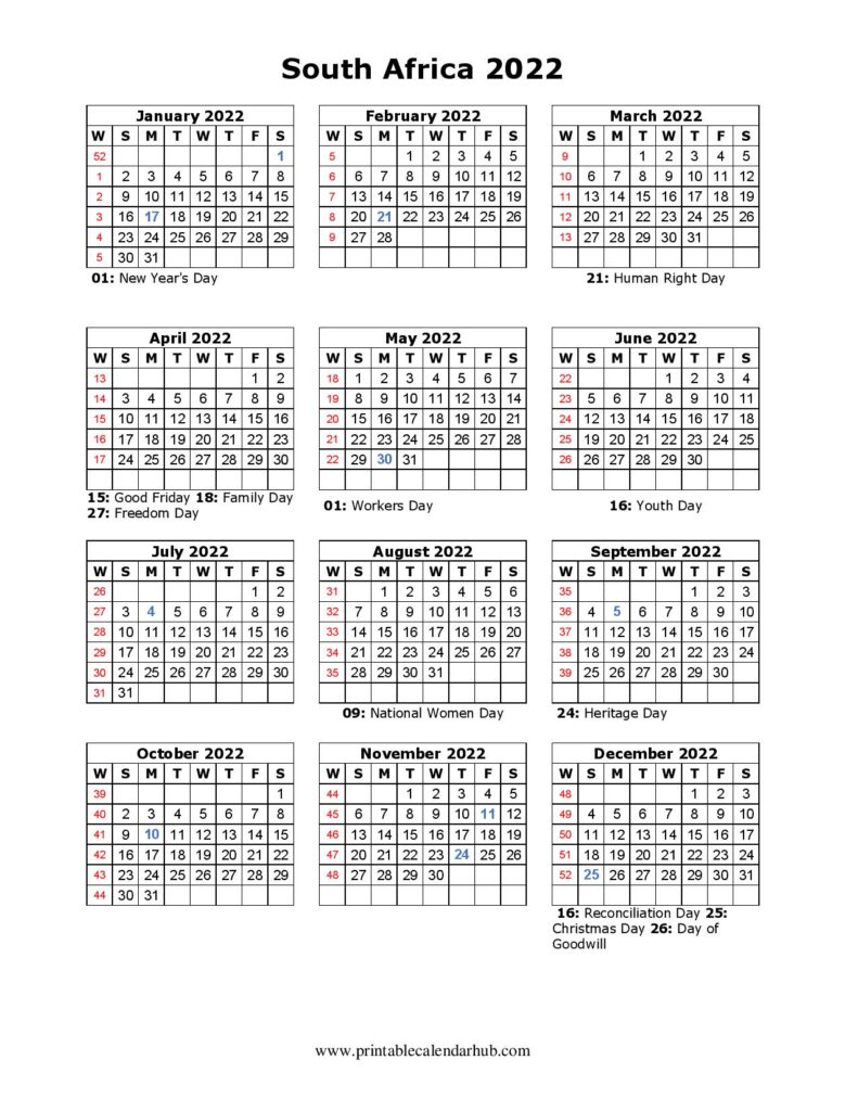2022 South Africa Calendar Holidays