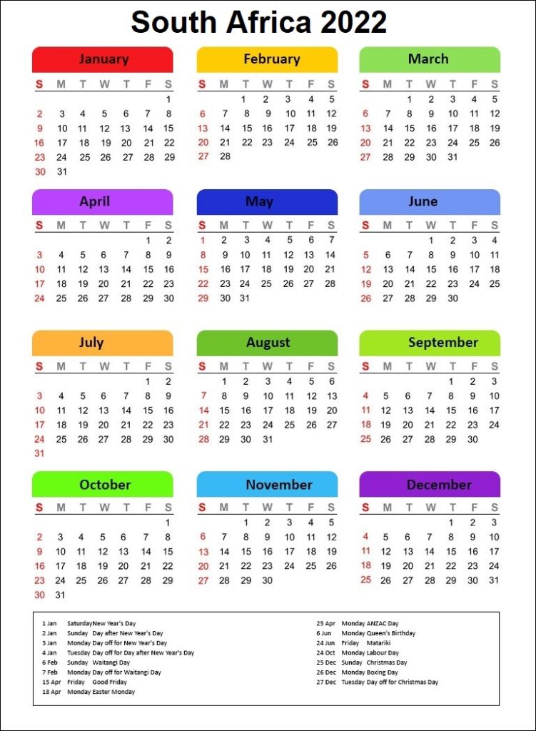 South Africa 2022 Calendar