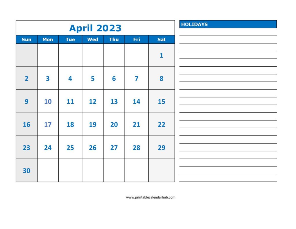 Printable Calendar April 2023 with Holidays