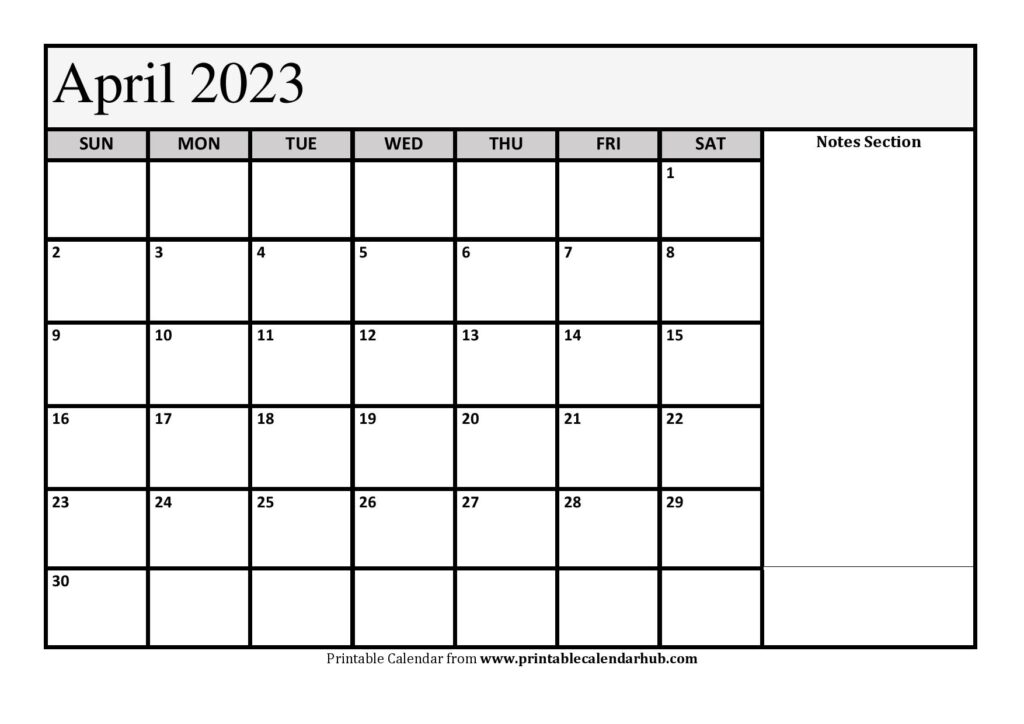 Printable April 2023 Calendar with Notes