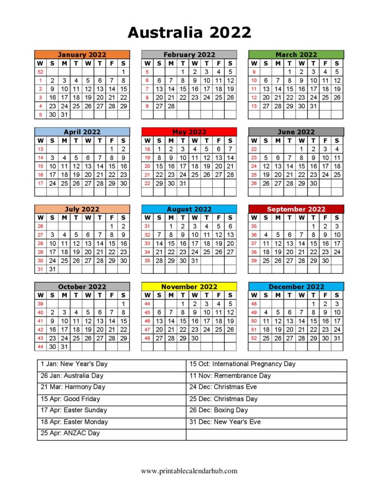 Australia Calendar 2022 Printable