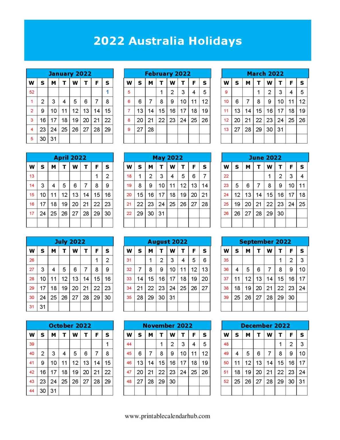 Printable 2022 Australia Calendar with Holidays – Printable Calendar Hub