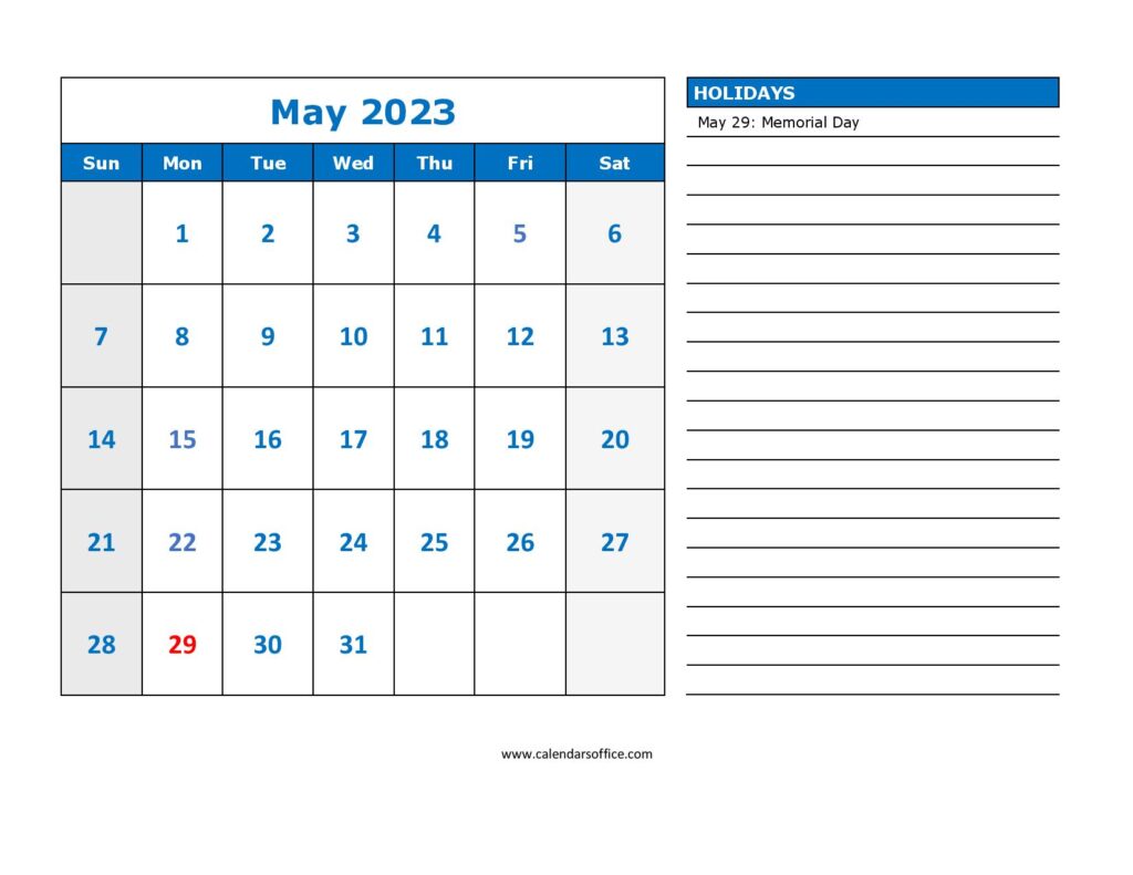 Printable Calendar May 2023