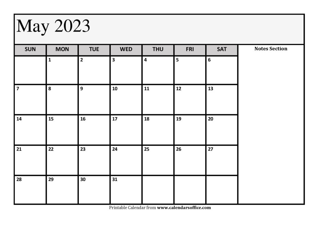 Printable May 2023 Calendar Notes