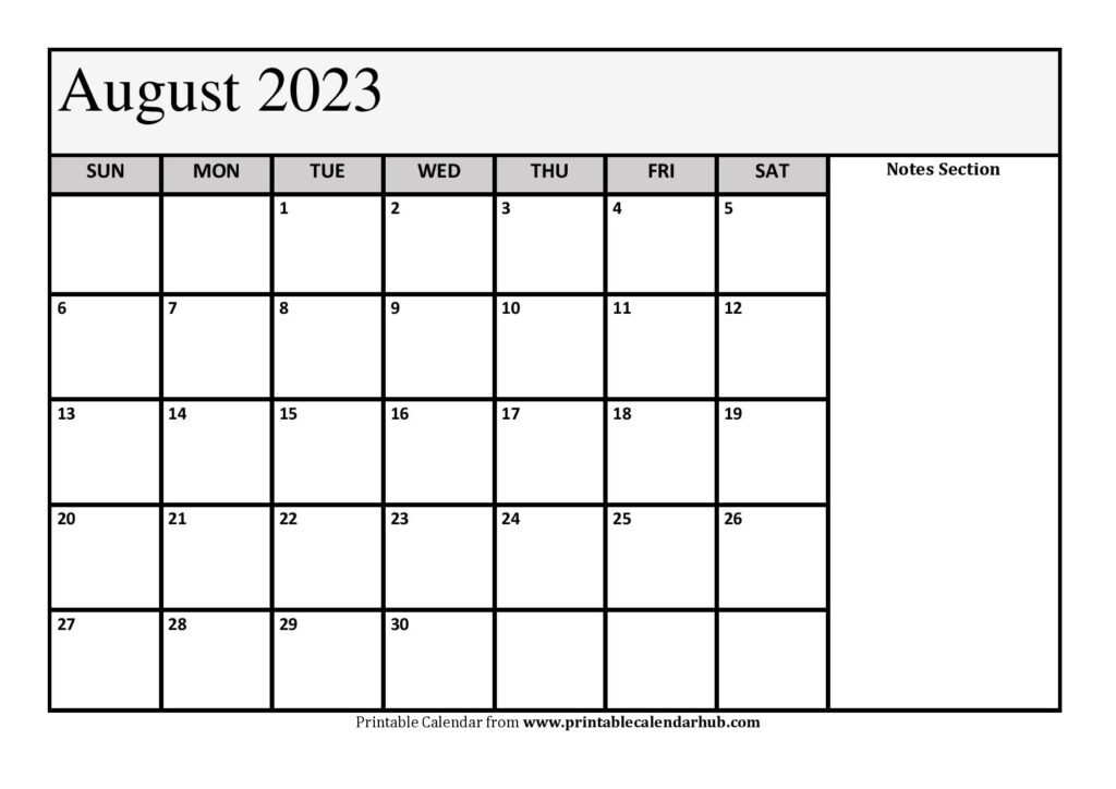 August 2023 Calendar with Notes