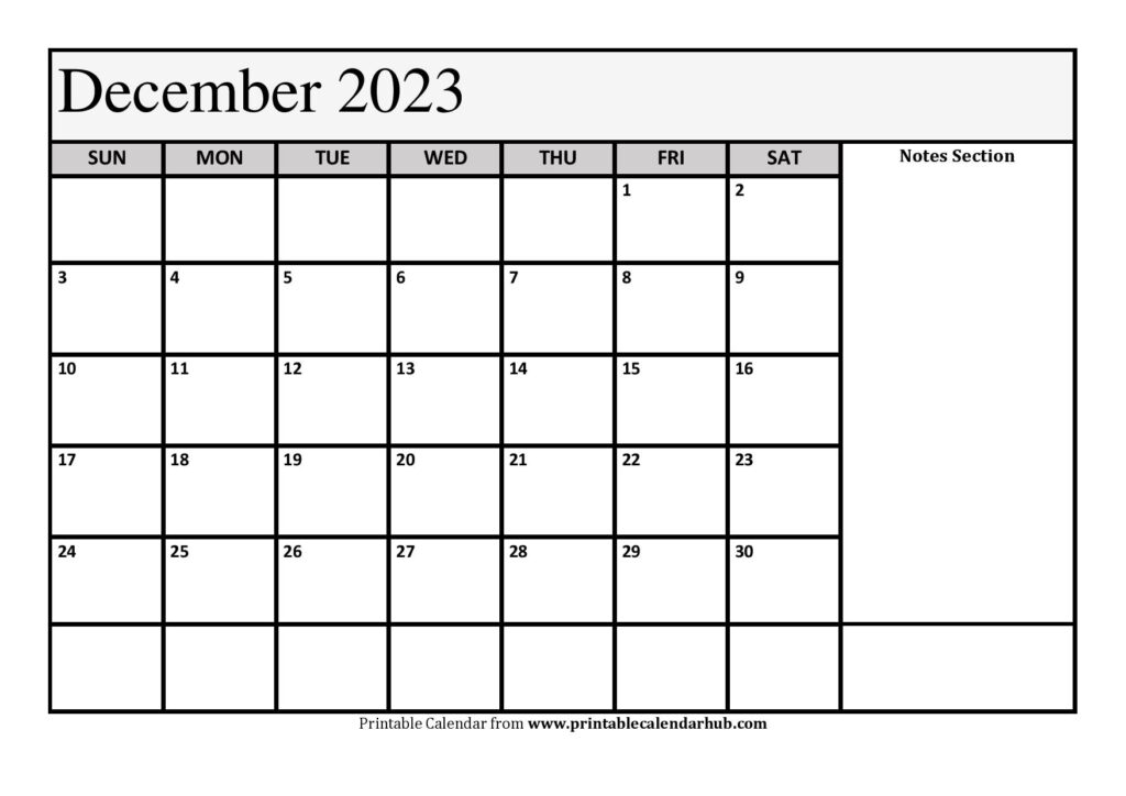 December 2023 Calendar with Notes