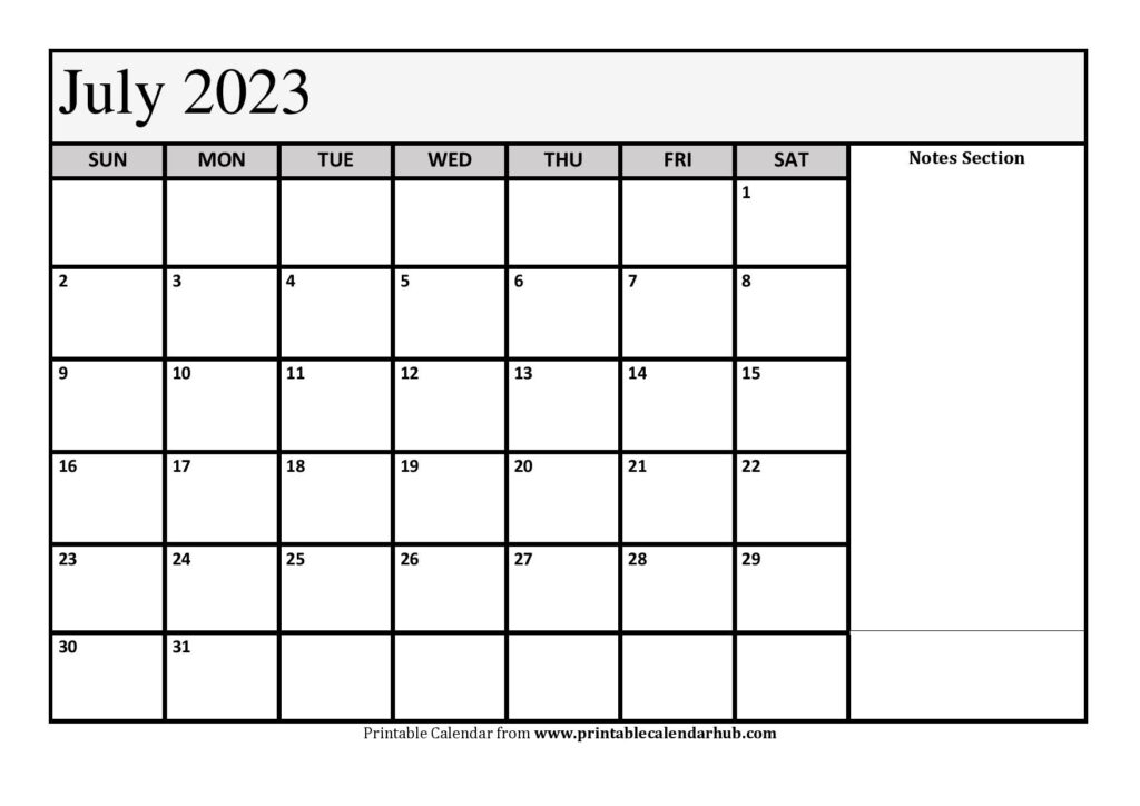 Printable July 2023 Calendar Notes