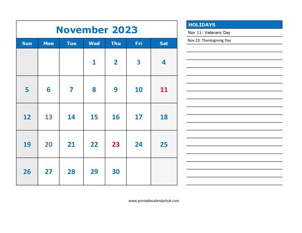 November 2023 Holiday Calendar