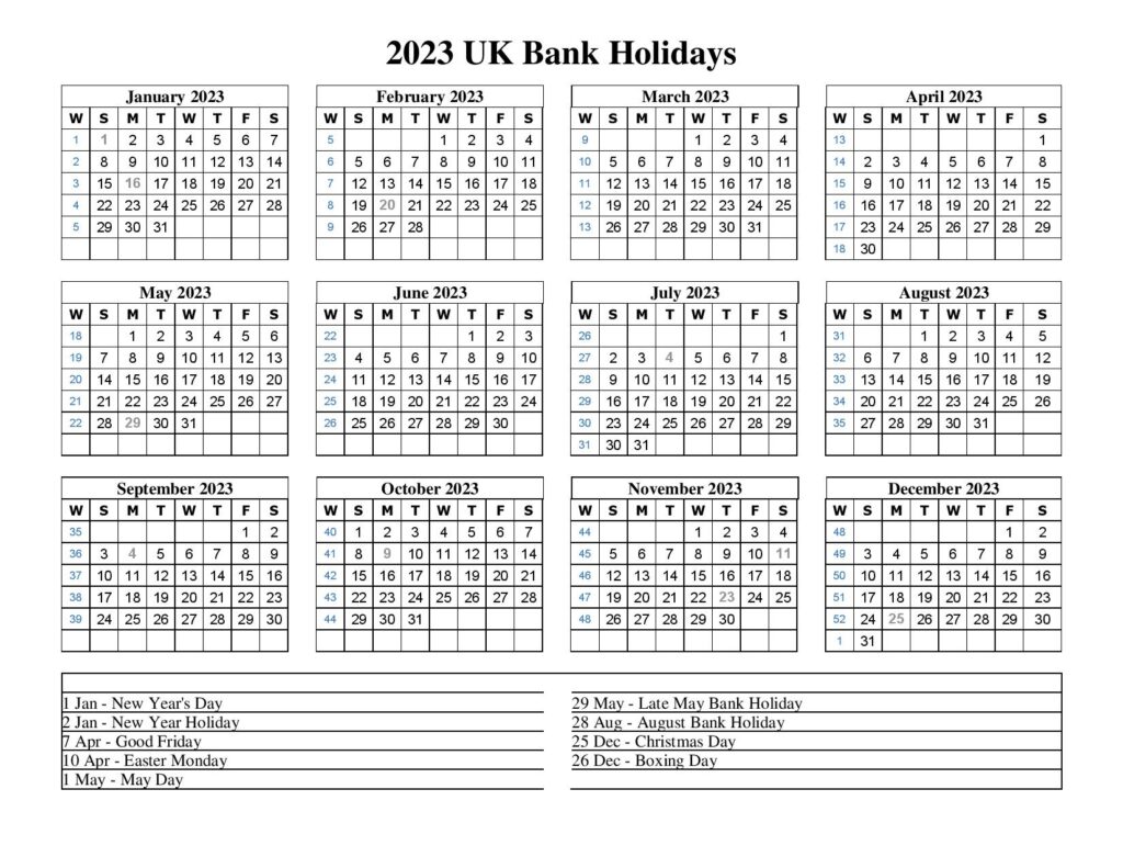 2023 UK Bank Holiday Calendar