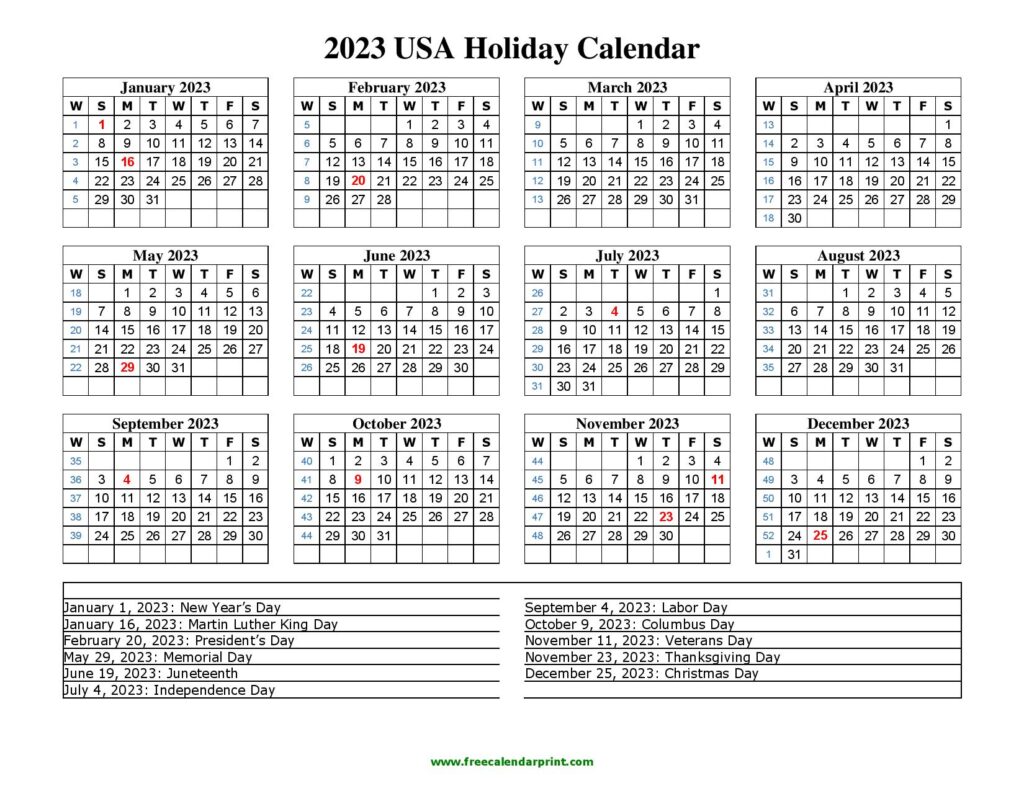 2023 USA Calendar with Holidays - Printable Template - Printable ...