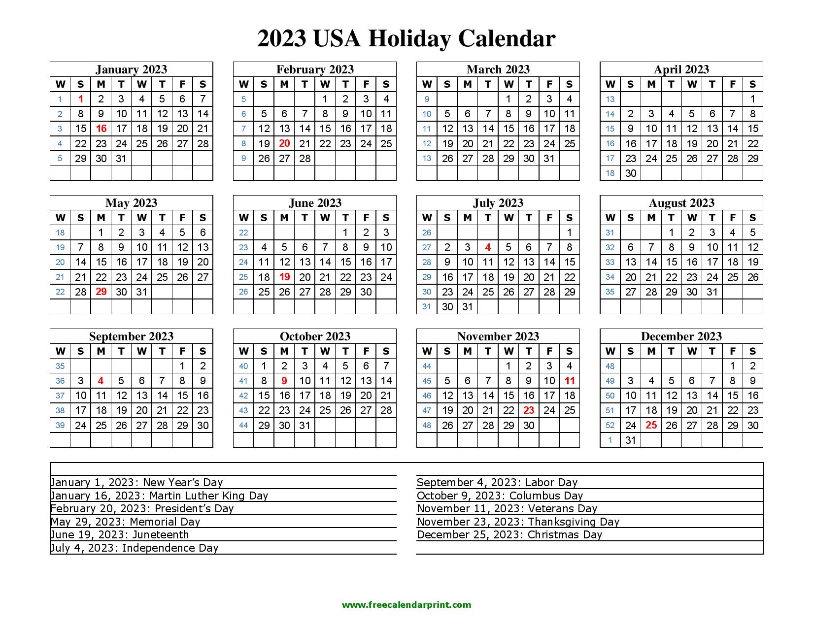 2023 USA Holiday Calendar