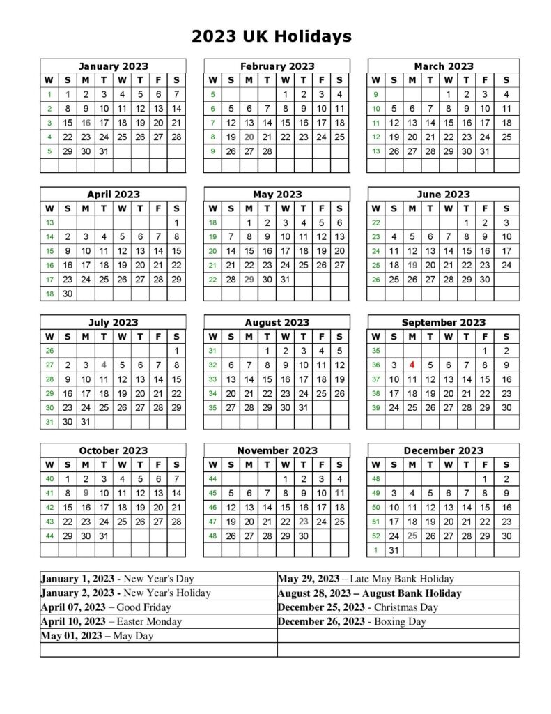 2023 UK Holiday Calendar