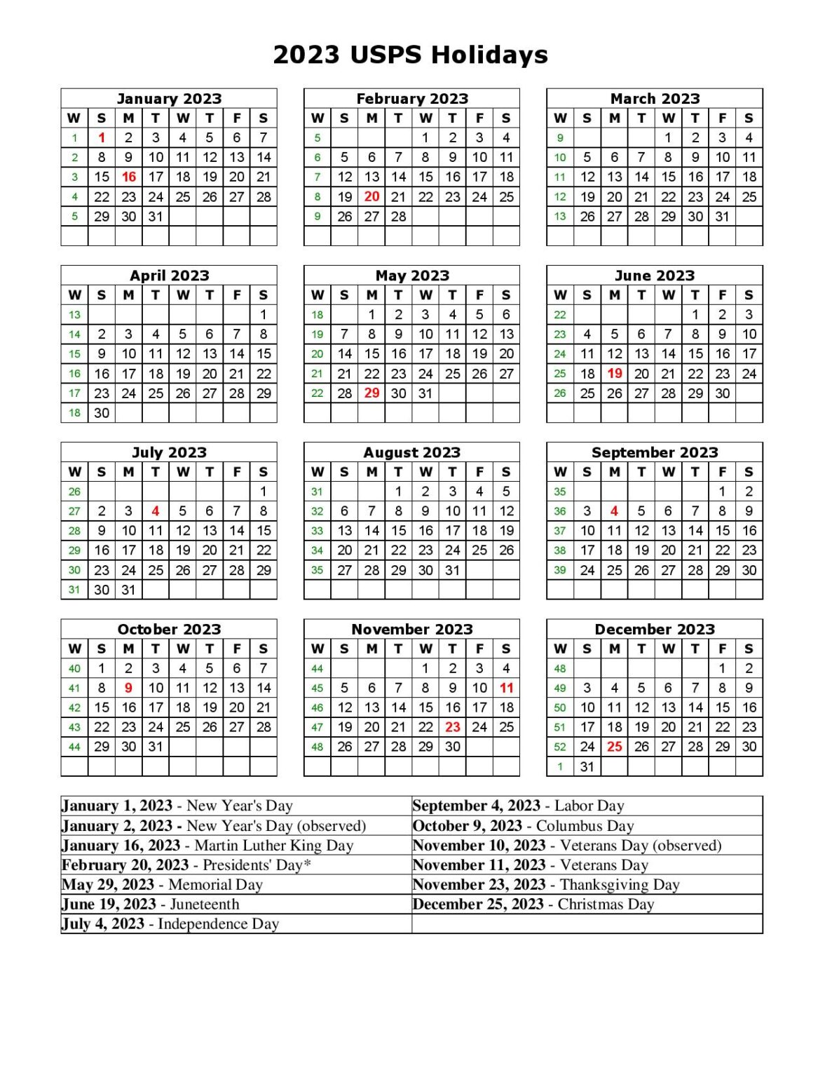 2023 USPS Holiday Calendar | U.S. Post Office Holidays - Printable
