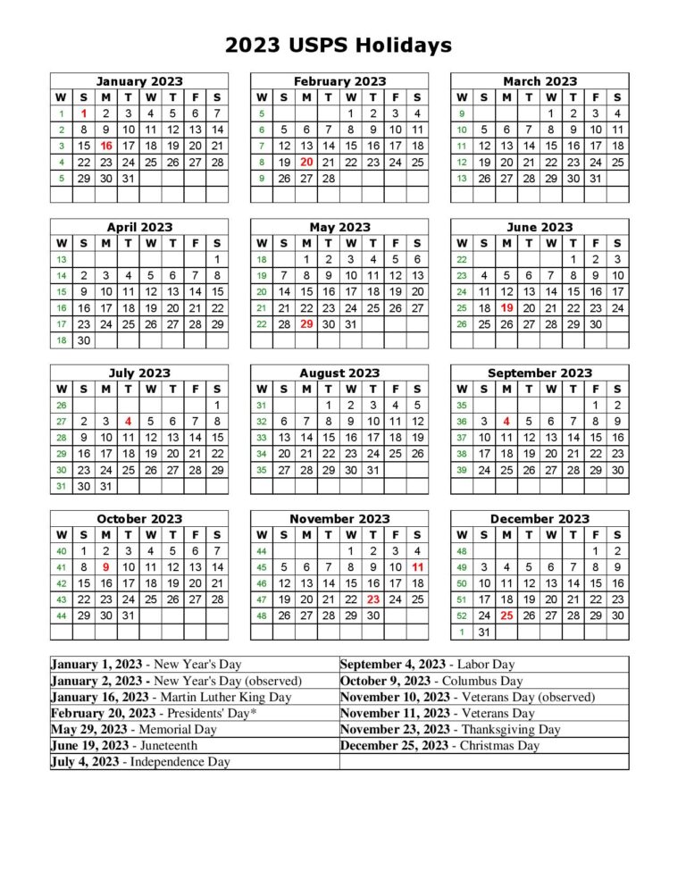 2023 USPS Holiday Calendar U.S. Post Office Holidays Printable