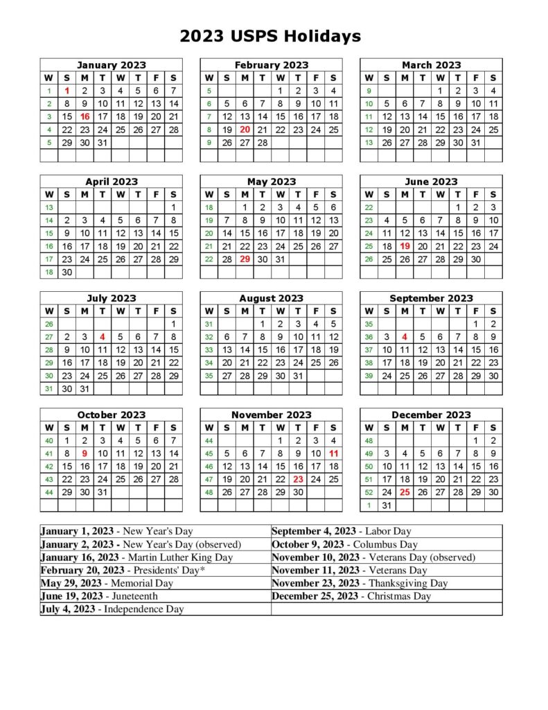 U.S Post Office Holiday Calendar 2023
