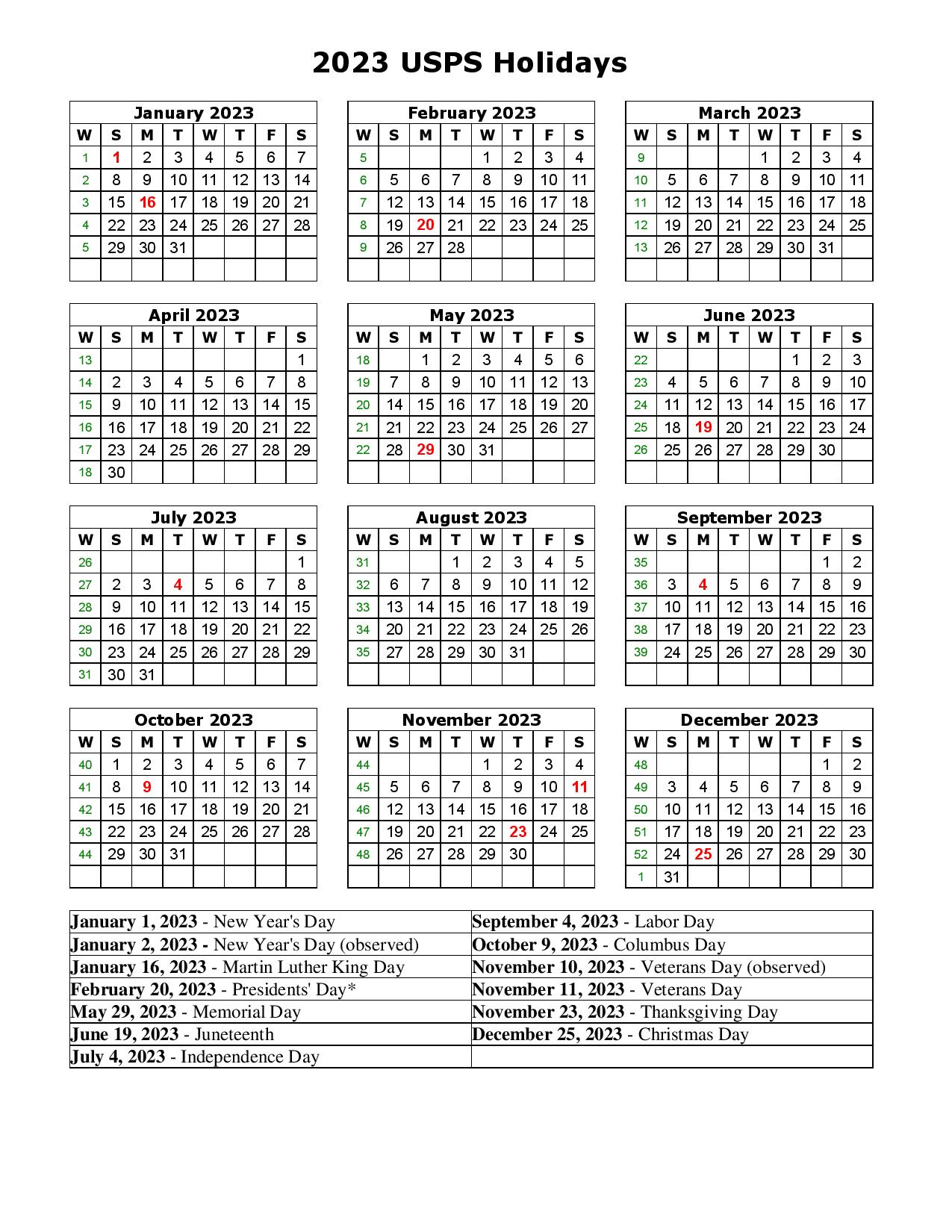 2023 USPS Holiday Calendar U.S. Post Office Holidays Printable