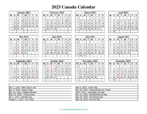 2023 Canadian holiday calendar
