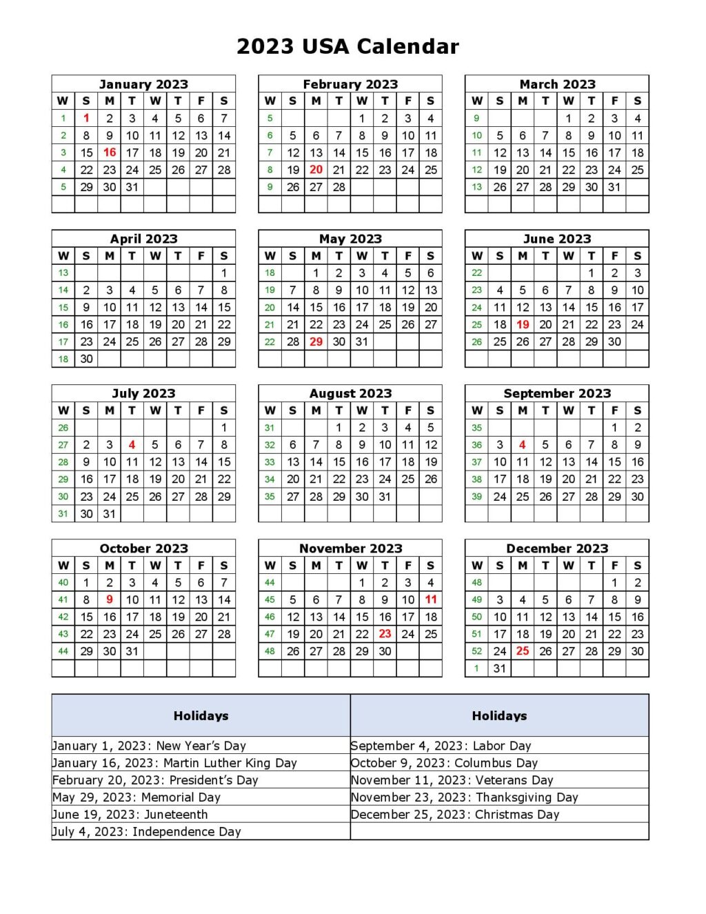 2023 USA Calendar with Holidays - Printable Template - Printable ...