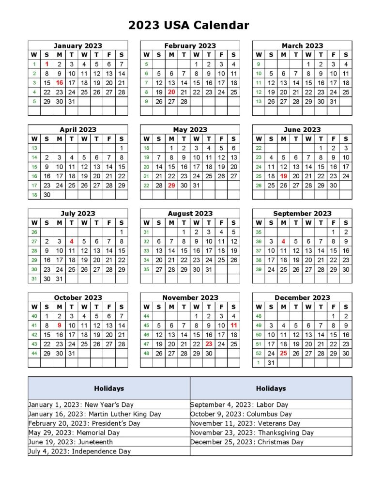 2023 USA Calendar with Holidays - Printable Template - Printable ...
