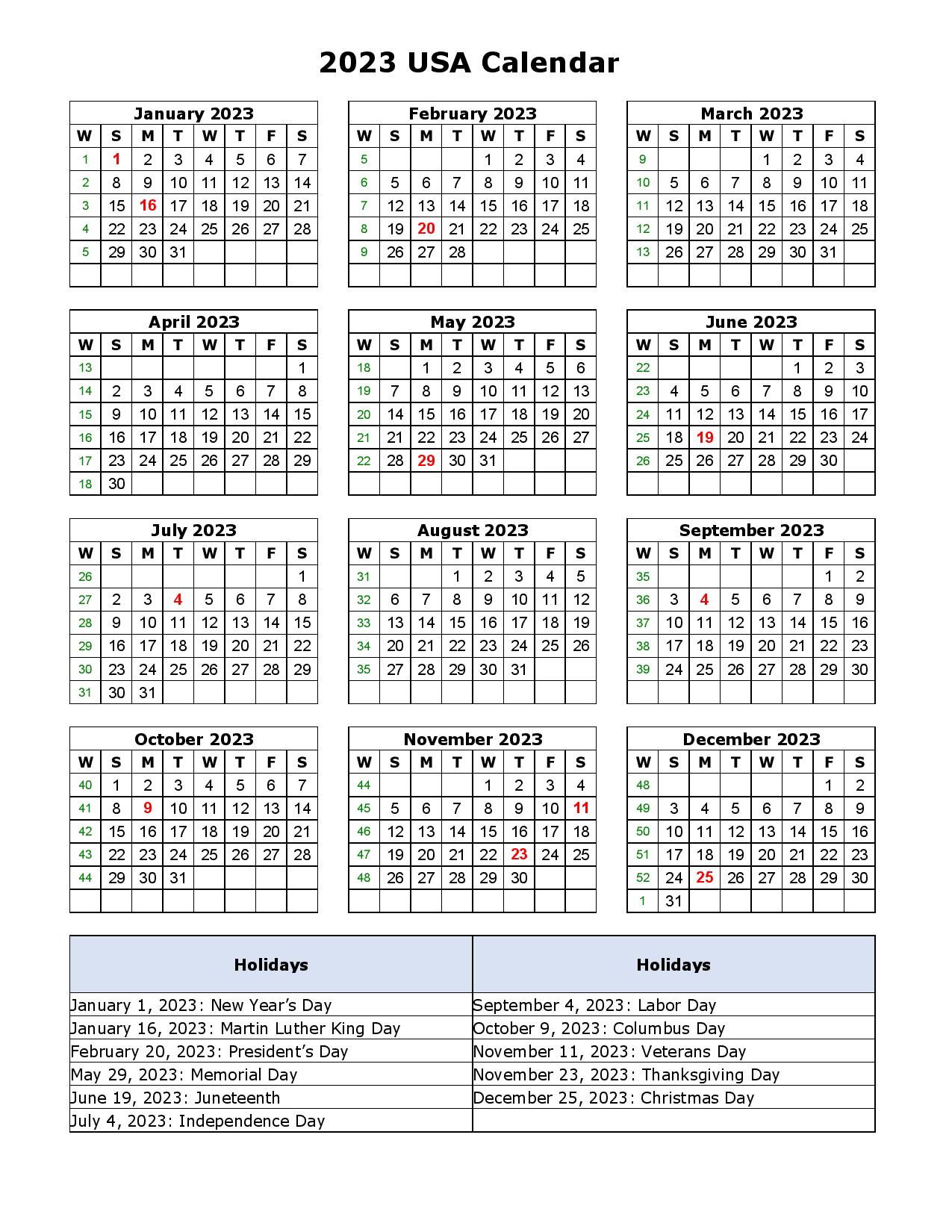 2023 USA Calendar Holidays