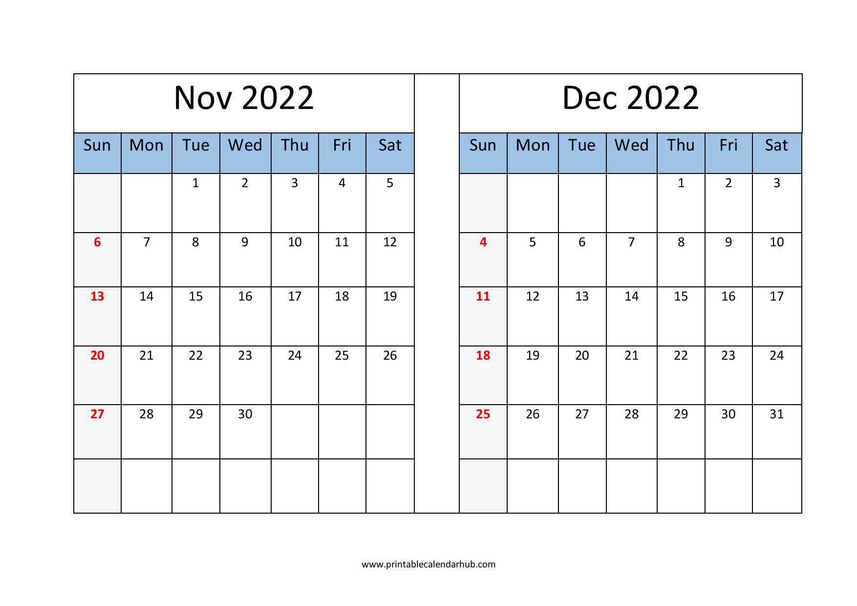 November December 2022 calendar printable