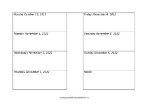 November 2022 weekly calendar