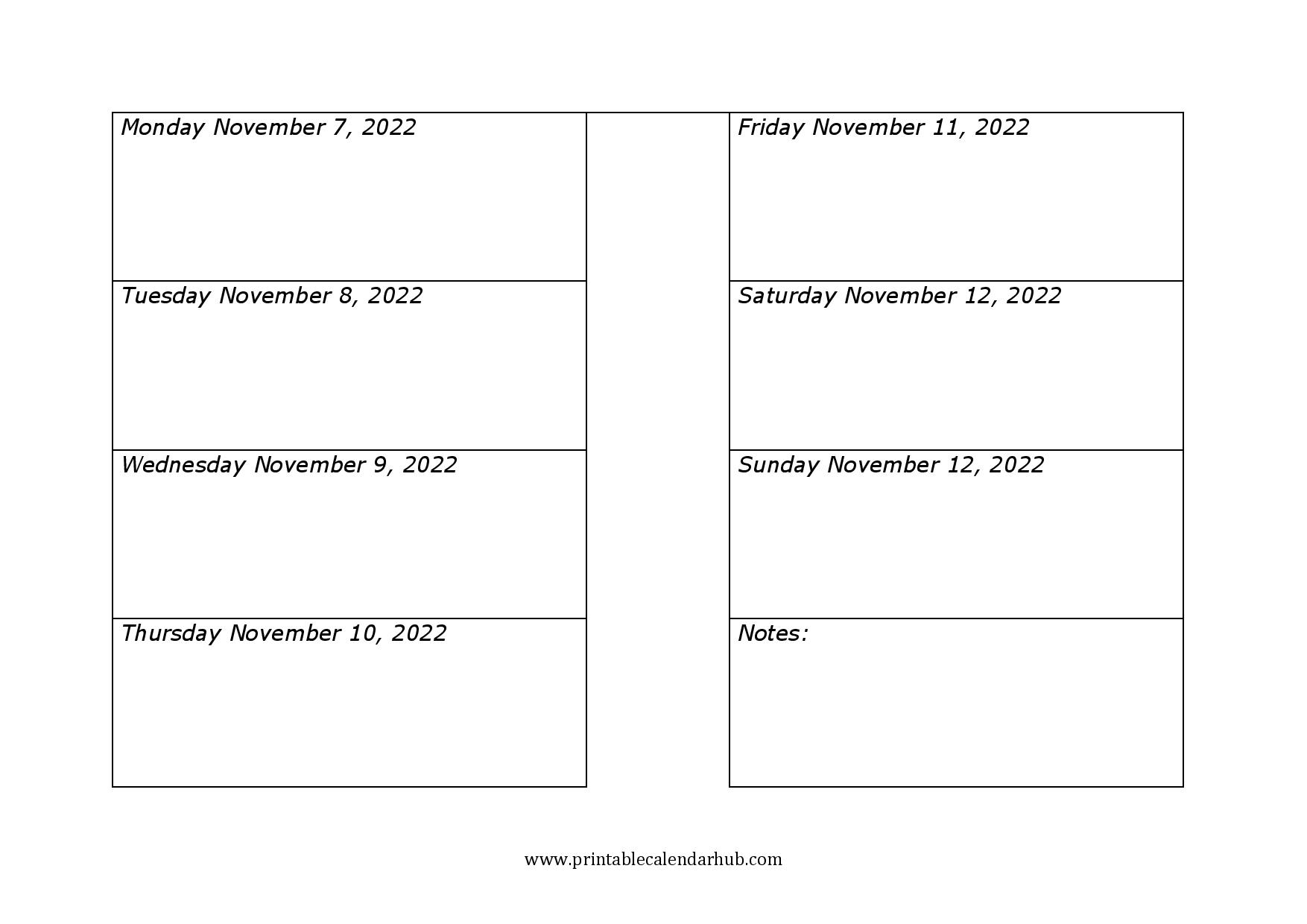 November 2022 weekly calendar