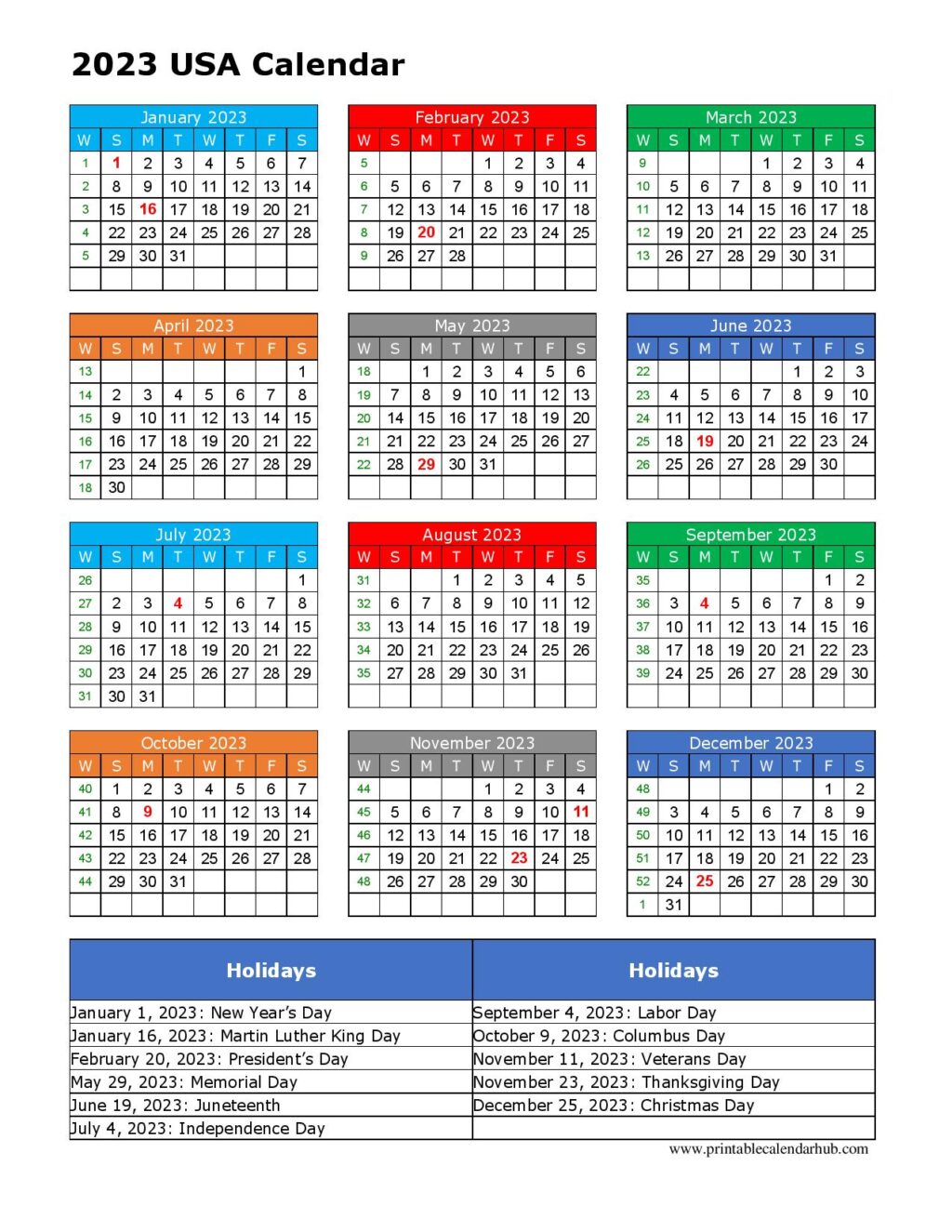 2023 USA Calendar with Holidays - Printable Template - Printable ...