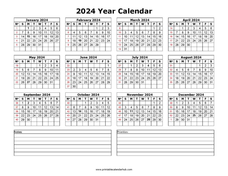 2024 Yearly Calendar Notes