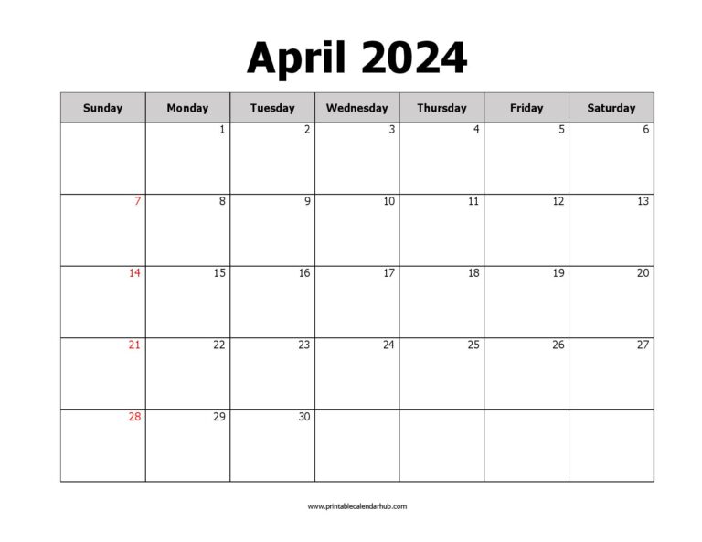 April 2024 calendar printable