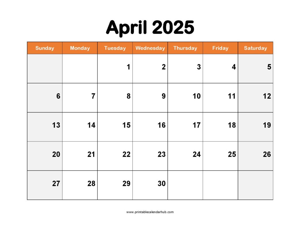 Printable April 2025 Calendar