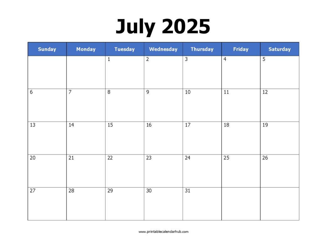 Printable July 2025 Calendar